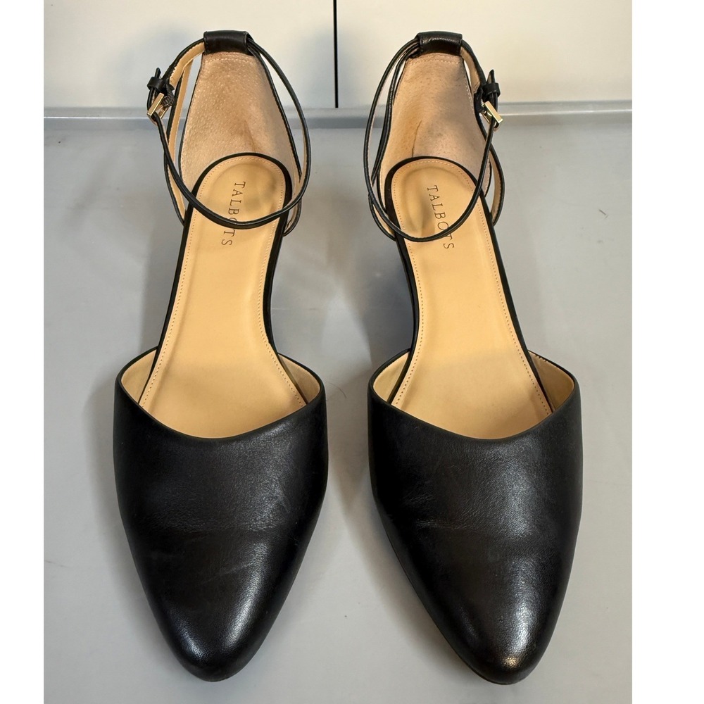 Talbots Womens Black Leather Pointed Toe Wedge Ankle Strap Pumps Size 11M